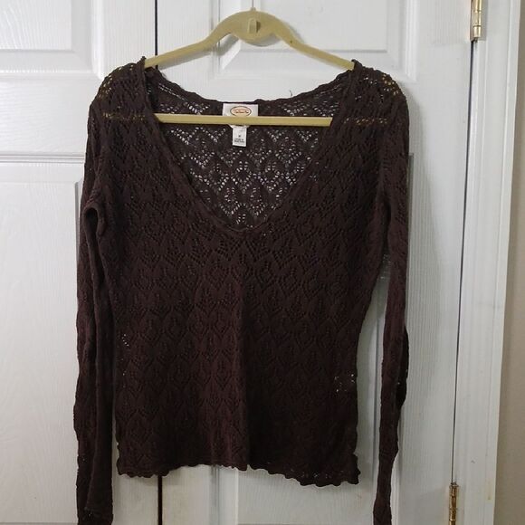 Talbots brown crochet brown long sleeve lightweight sweater Sz M EUC - Picture 1 of 7